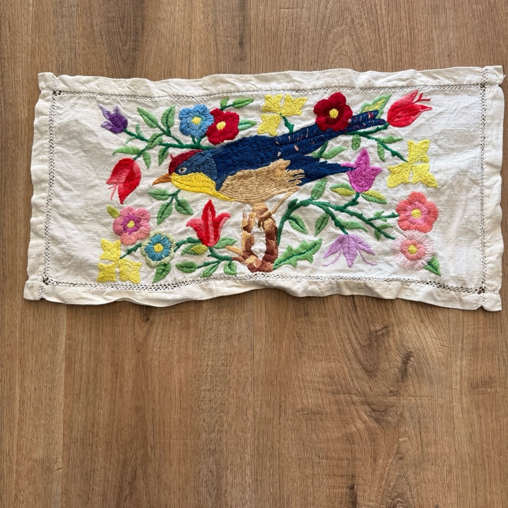 Vintage Handmade Heavily Embroidered Napkin Decorative Linen Bird Floral Granny